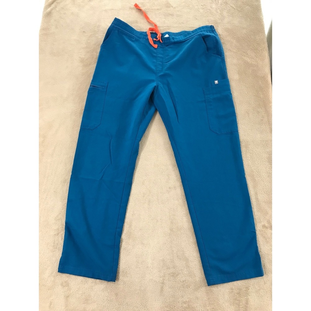 Figs Women's Wide Leg Scrub Pants in Teal with Orange Drawstring